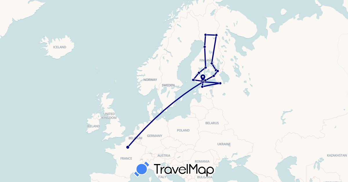 TravelMap itinerary: driving in Estonia, Finland, France, Russia (Europe)